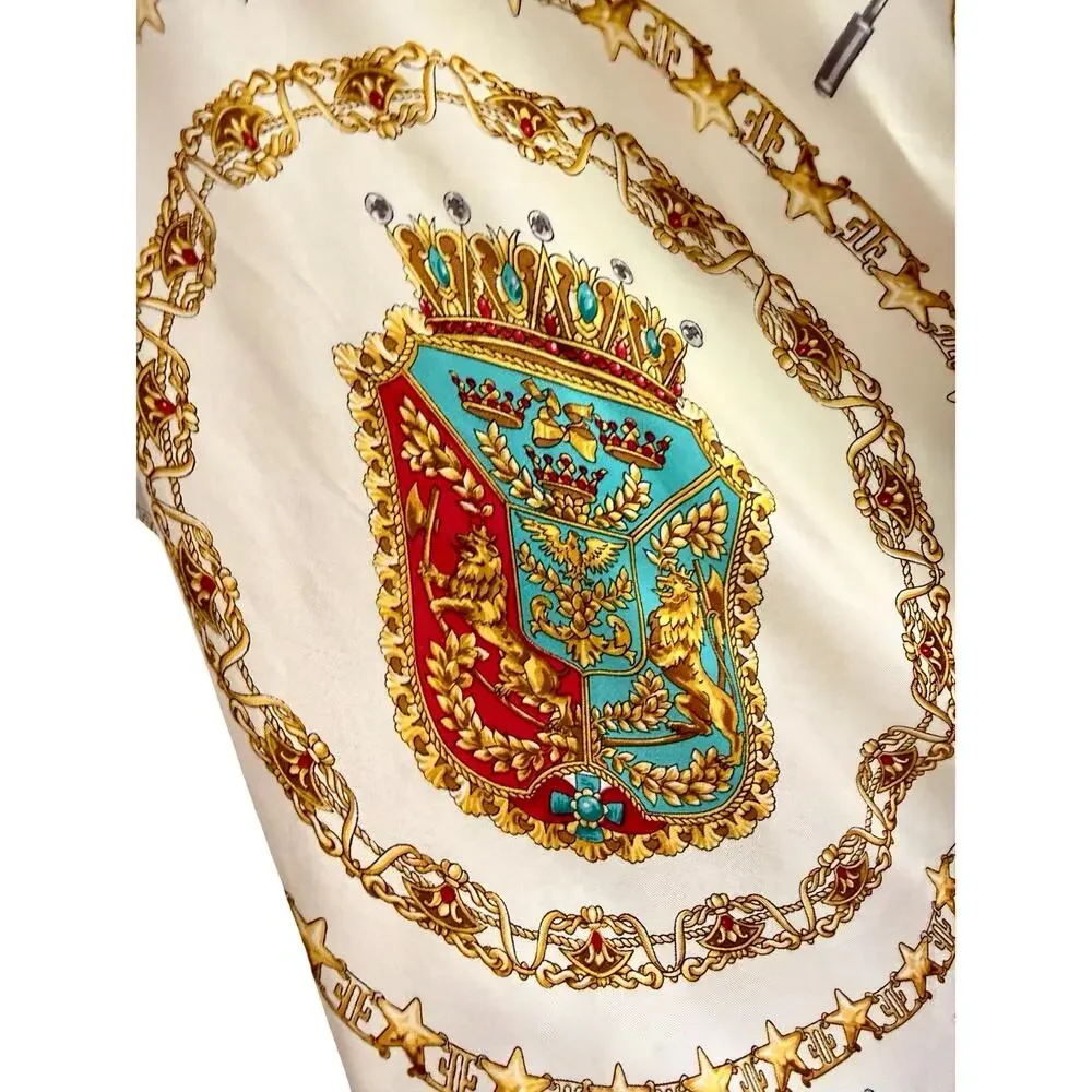 Vintage 1980s Bella Rosa Silk Scarf  Ivory Gold Medal Crest 35” Baroque Heraldic